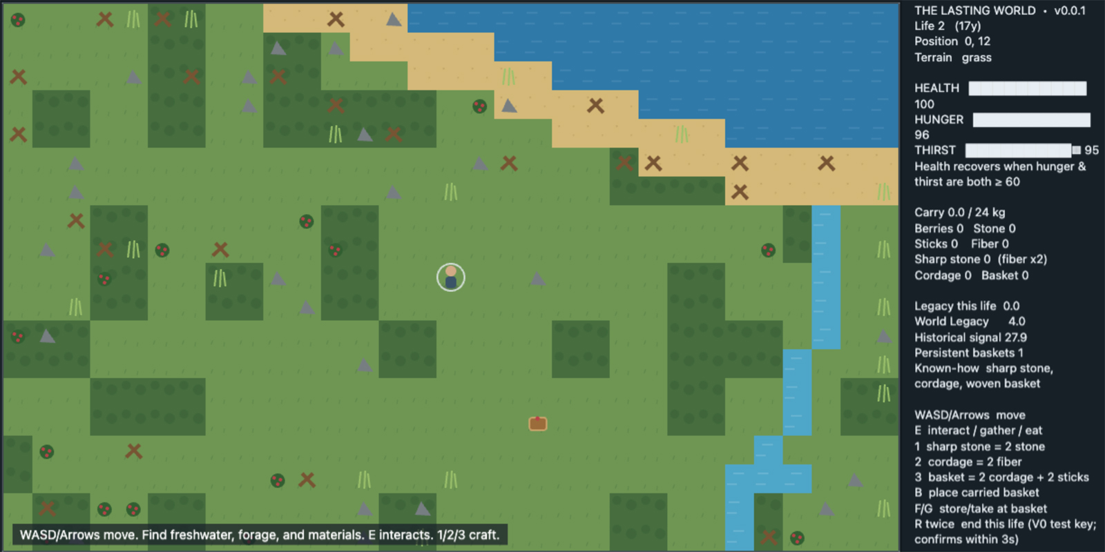 Gameplay from The Lasting World showing a player exploring procedural green terrain beside a beach, ocean, freshwater, forests, resources, and a survival HUD.